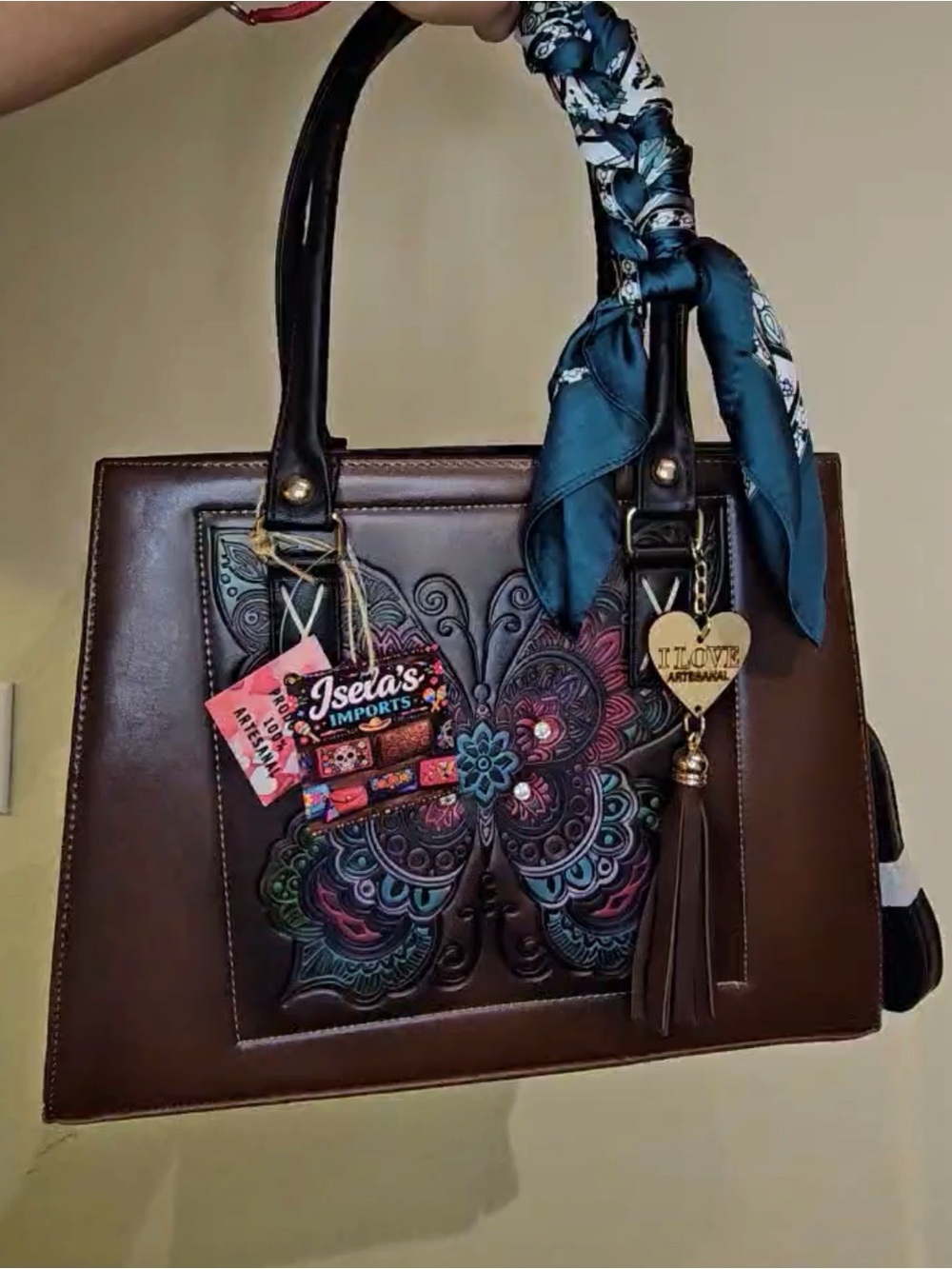 Hand-Tooled Butterfly leather Tote Bag in Brown with Black Handles